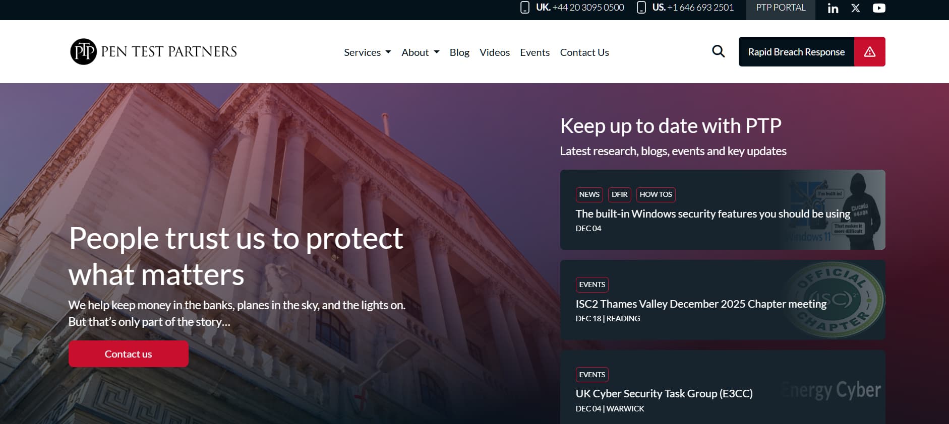 Website hero for Pen Test Partners stating “People trust us to protect what matters,” highlighting security research, events, and breach response.
