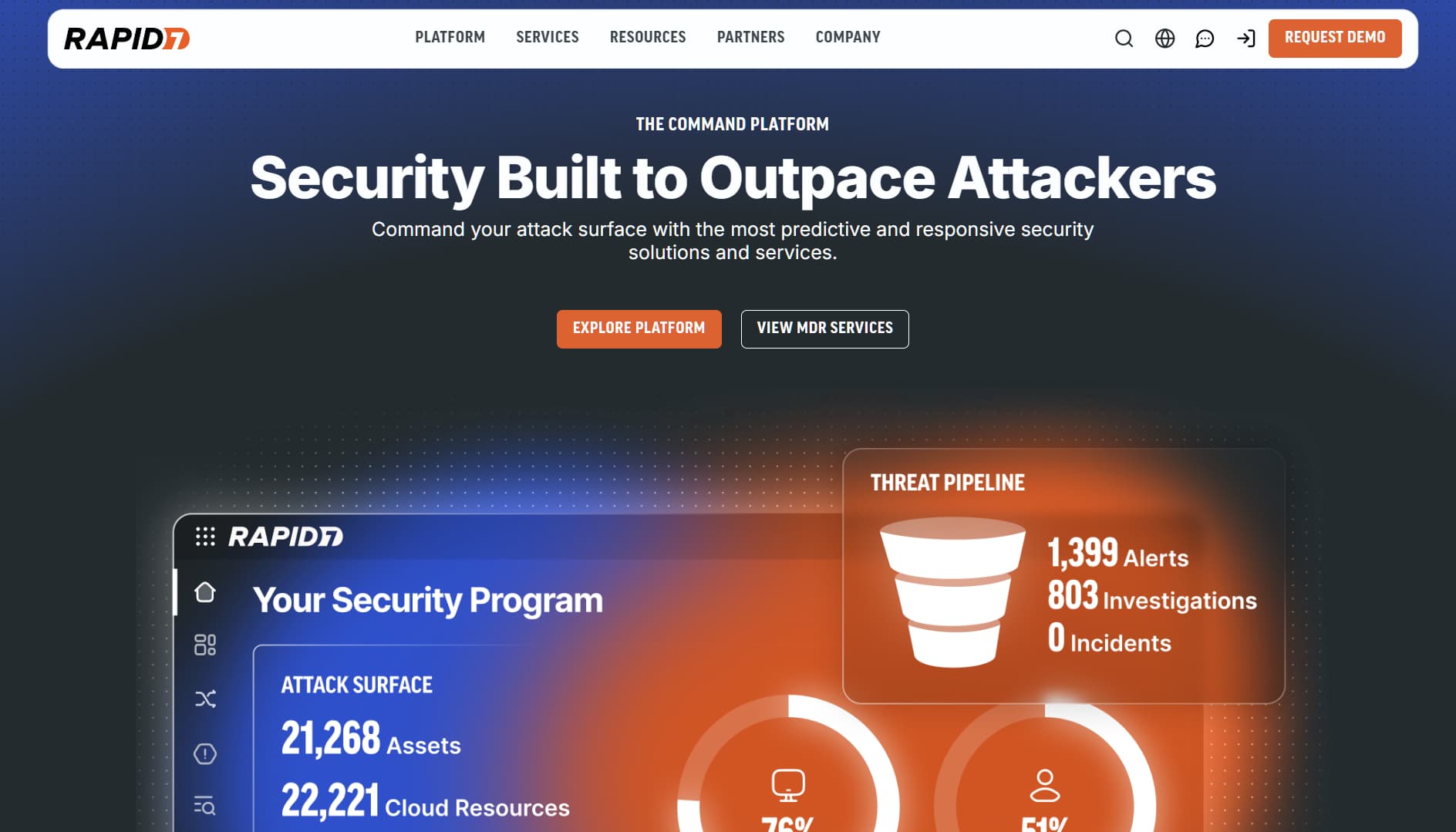 Homepage of Rapid7 showing a dark interface with orange and blue gradients, text reading ‘Security Built to Outpace Attackers’ and a dashboard-style graphic with threat data and metrics.