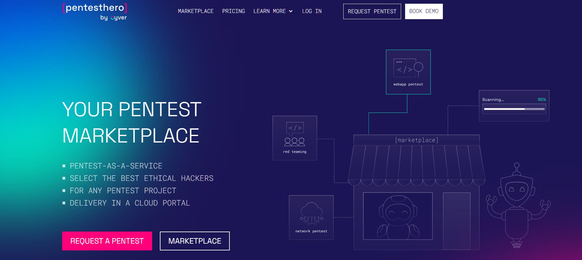 Blue and purple gradient cybersecurity marketplace landing page showing “Your Pentest Marketplace,” icons for web and network pentests, and buttons for “Request a Pentest” and “Marketplace.”