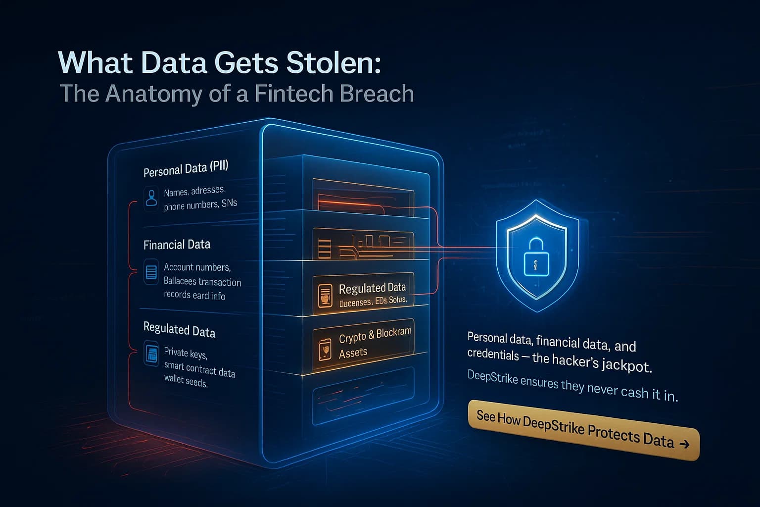 Digital illustration of a transparent data vault revealing five layers of stolen fintech data (PII, financial, credentials, IDs, crypto) intercepted by DeepStrike’s blue-gold shield network.