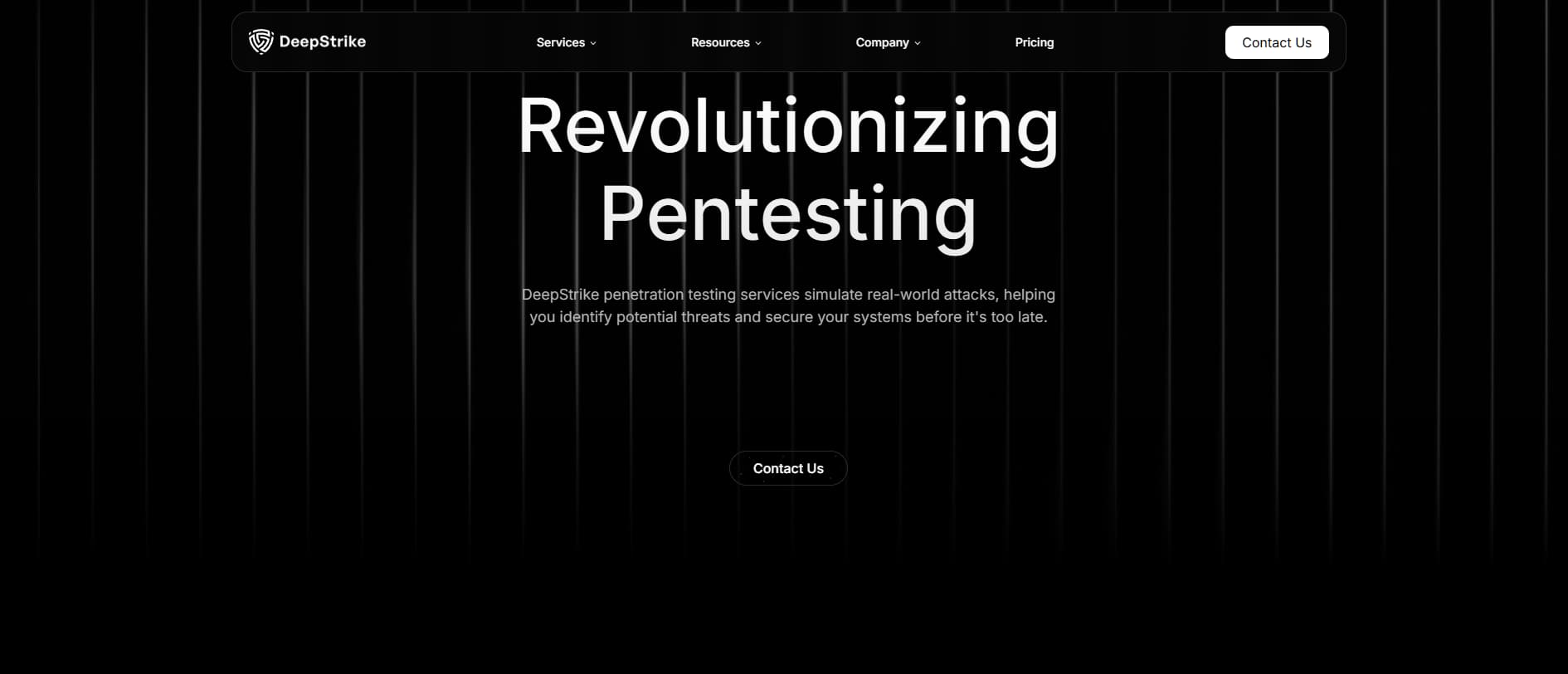 Minimalist website hero promoting penetration testing services that simulate real-world attacks to identify and remediate threats before exploitation.