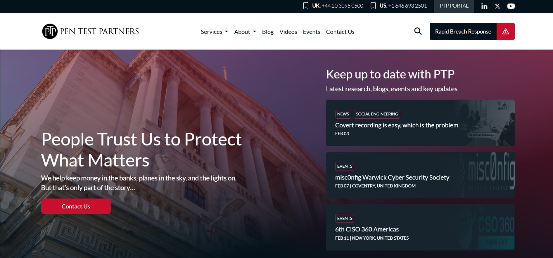 Pen Test Partners cybersecurity consultancy homepage banner with classical building and “People Trust Us to Protect What Matters” headline