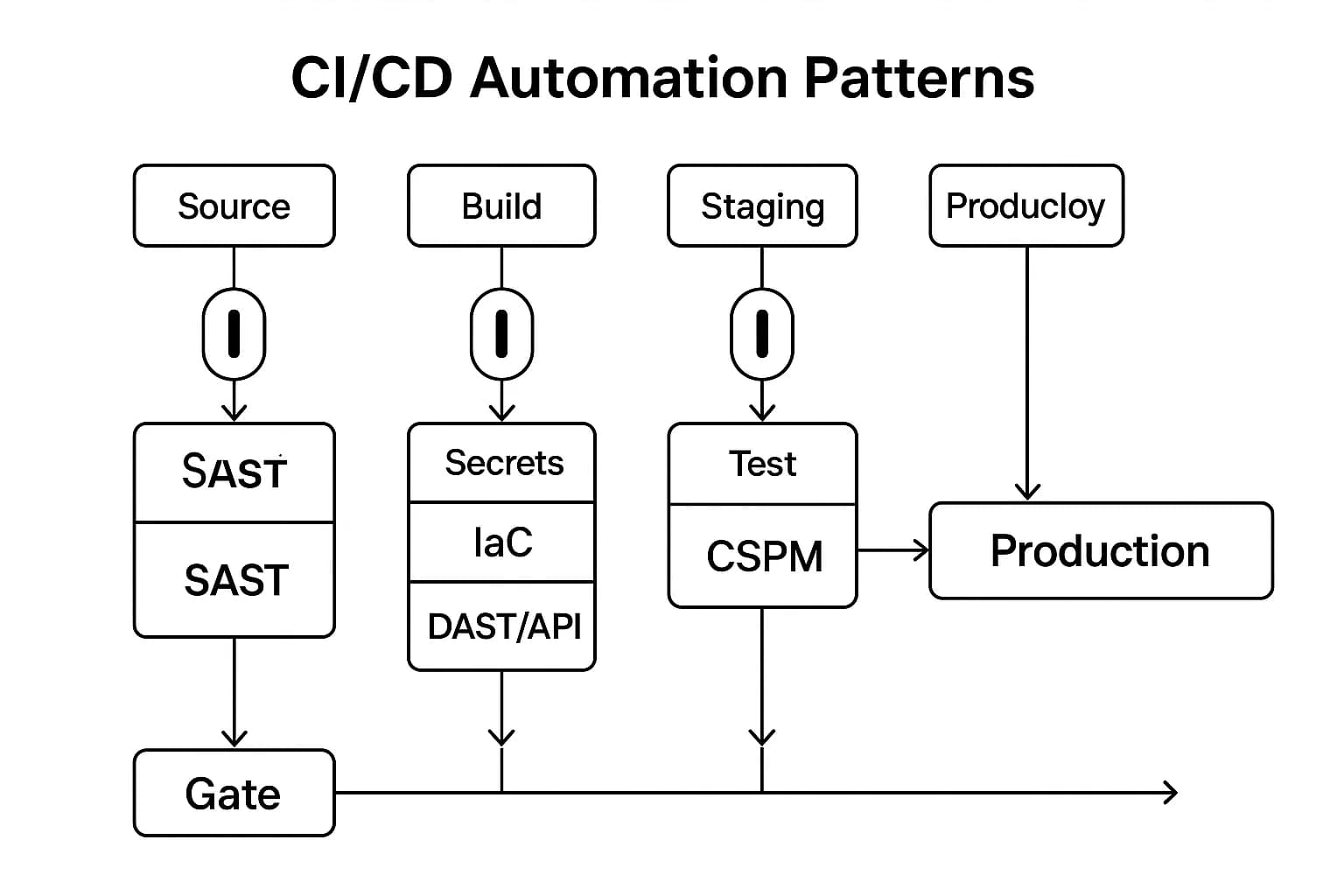 CI/CD diagram mapping pre-commit, pre-deploy, staging, and post-deploy scans with gates.