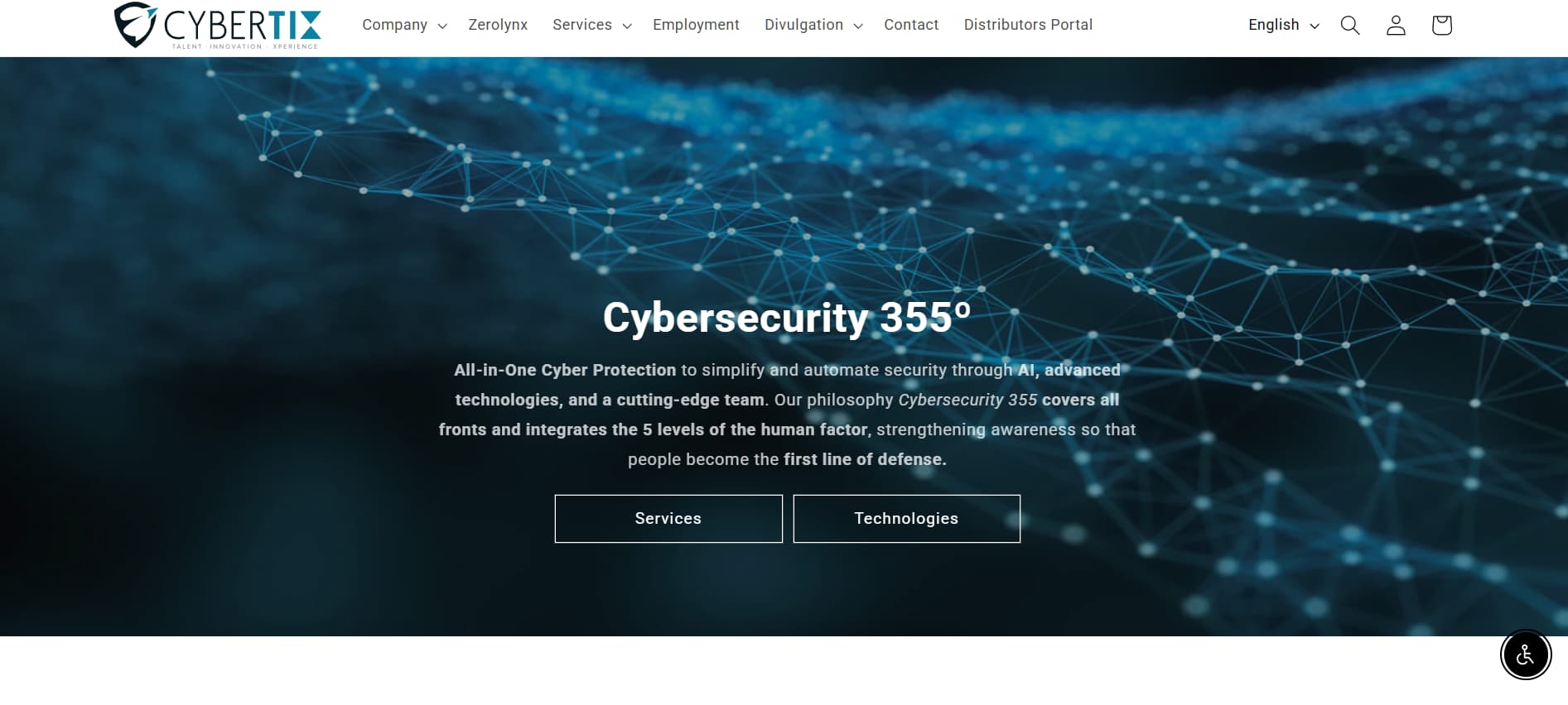 Homepage banner for CYBERTIX showing an abstract blue digital network background with connected nodes and lines, featuring the headline “Cybersecurity 355°,” a short description about all-in-one cyber protection powered by AI, and two buttons labeled “Services” and “Technologies.”