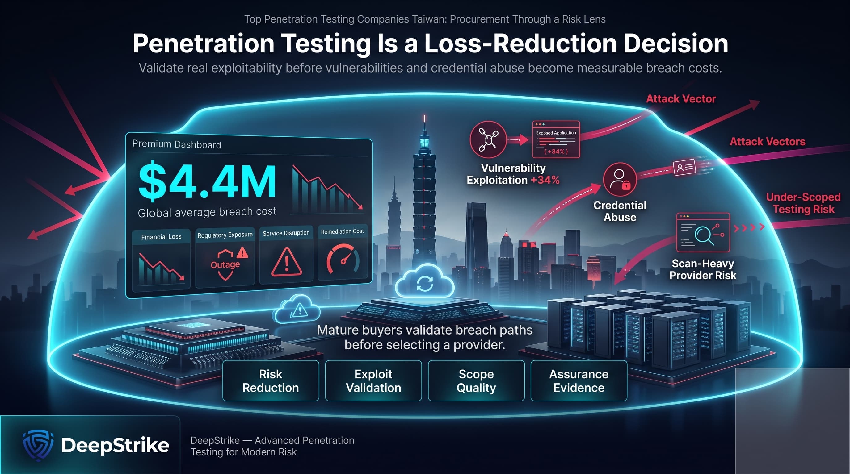 “A premium cybersecurity dashboard shows a futuristic Taiwan enterprise skyline protected by a glowing shield. Attack paths labeled vulnerability exploitation, credential abuse, and scan-heavy provider risk approach the shield. A $4.4M breach cost metric appears on the left, while the bottom-right corner remains empty for watermark removal.”
