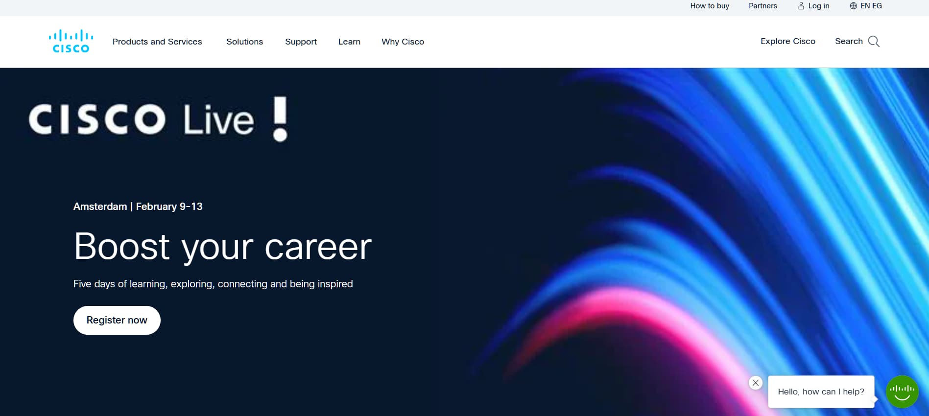 Promotional banner for Cisco Live conference in Amsterdam, encouraging professionals to boost their careers through learning and networking.