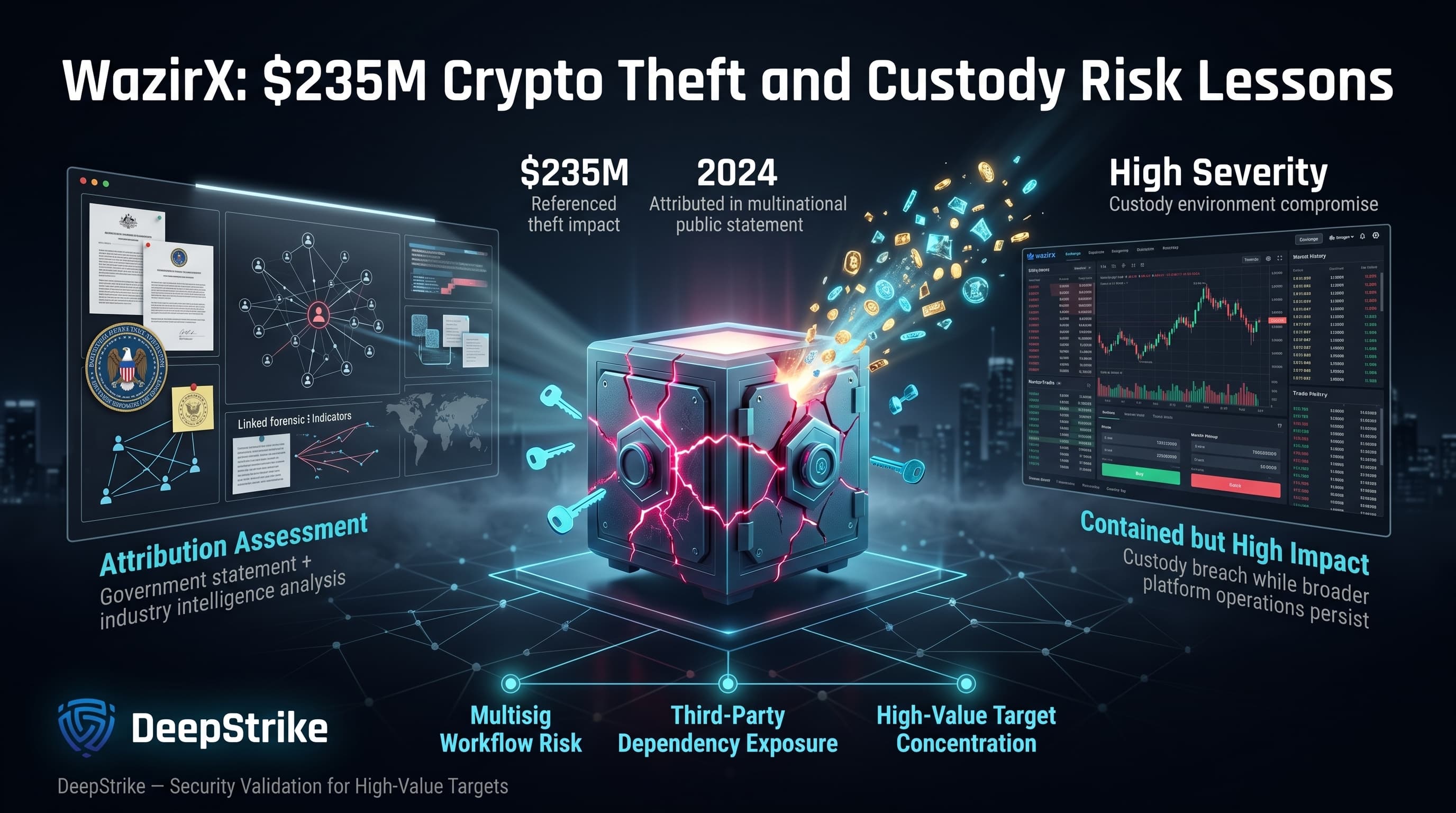 “A cinematic cybersecurity scene shows a breached multisig crypto vault with authorization keys disrupted and glowing assets leaving the system. Side panels show attribution intelligence and contained operational impact, highlighting lessons from the WazirX $235M theft.”