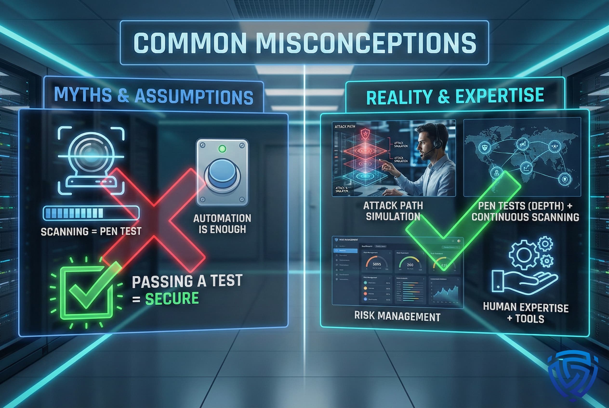 A comparison panel highlighting common myths such as “scanning equals a penetration test” and “passing a test means secure,” contrasted with the reality of attack path simulation, continuous scanning, risk management, and human expertise.
