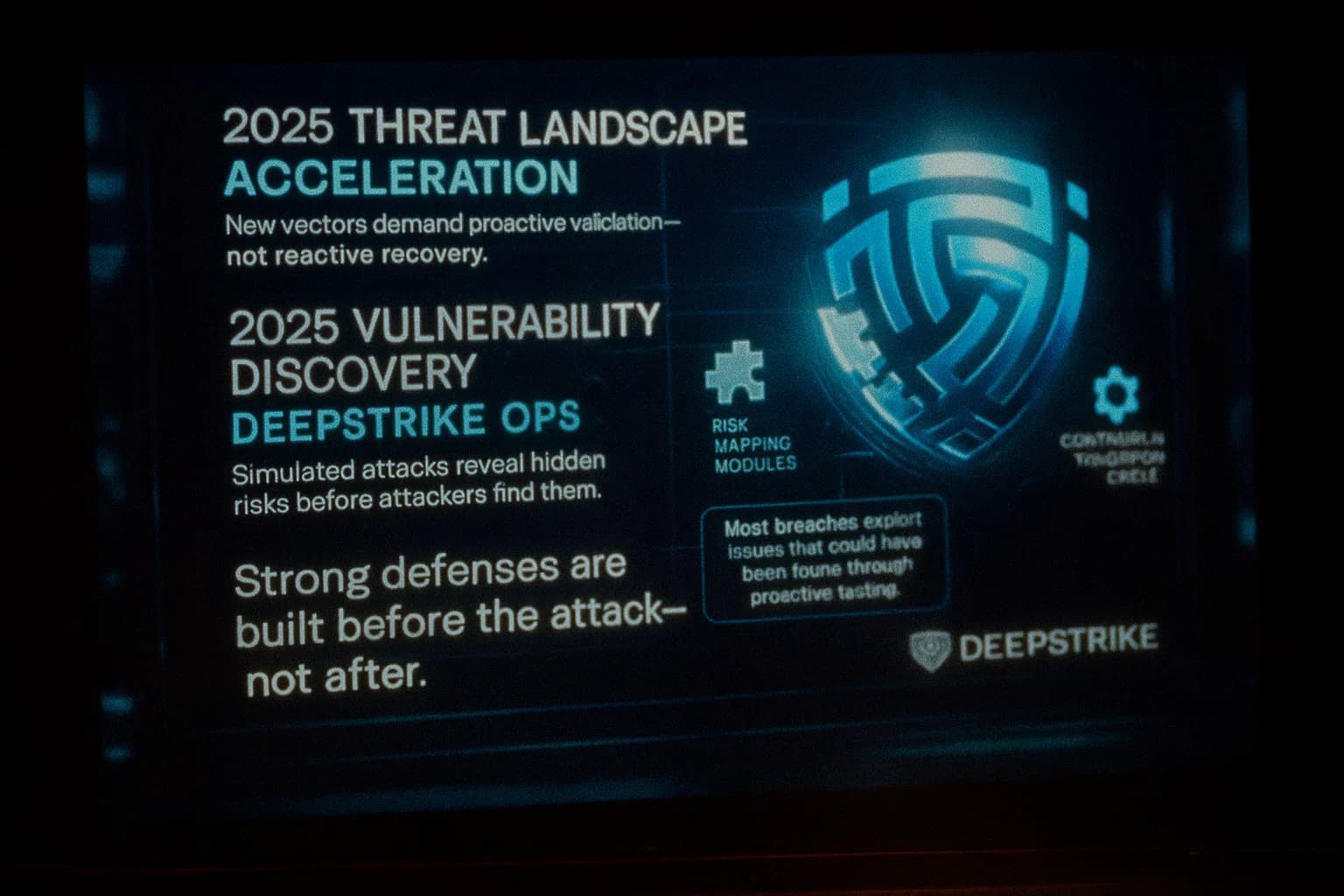 “A futuristic cybersecurity landscape glows with blue and cyan light. Data grids animate, shields assemble from puzzle-like pieces, and gears rotate to represent continuous testing. Overlays highlight how DeepStrike reveals vulnerabilities and strengthens defenses before threats strike.”