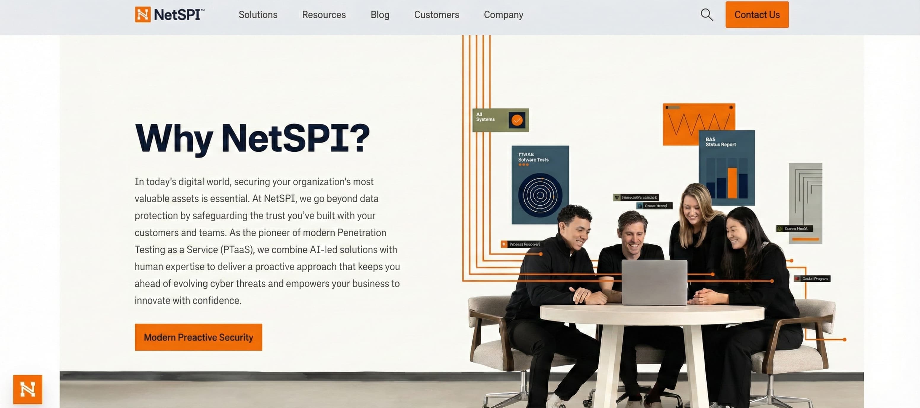 “NetSPI website section explaining the company’s approach to penetration testing as a service, combining AI-led tools with human expertise.”