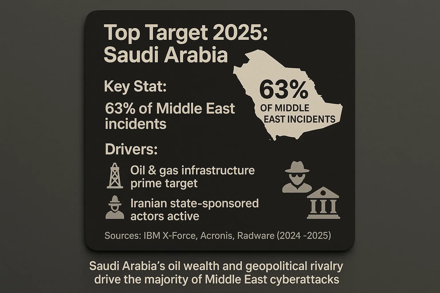 Dark infographic card for Saudi Arabia showing 63% of Middle East incidents with icons for oil infrastructure, state actors, and government targeting.