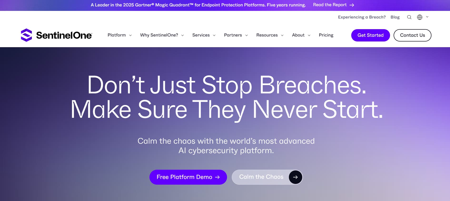 Website hero stating “Don’t just stop breaches. Make sure they never start,” promoting an AI-driven cybersecurity platform.
