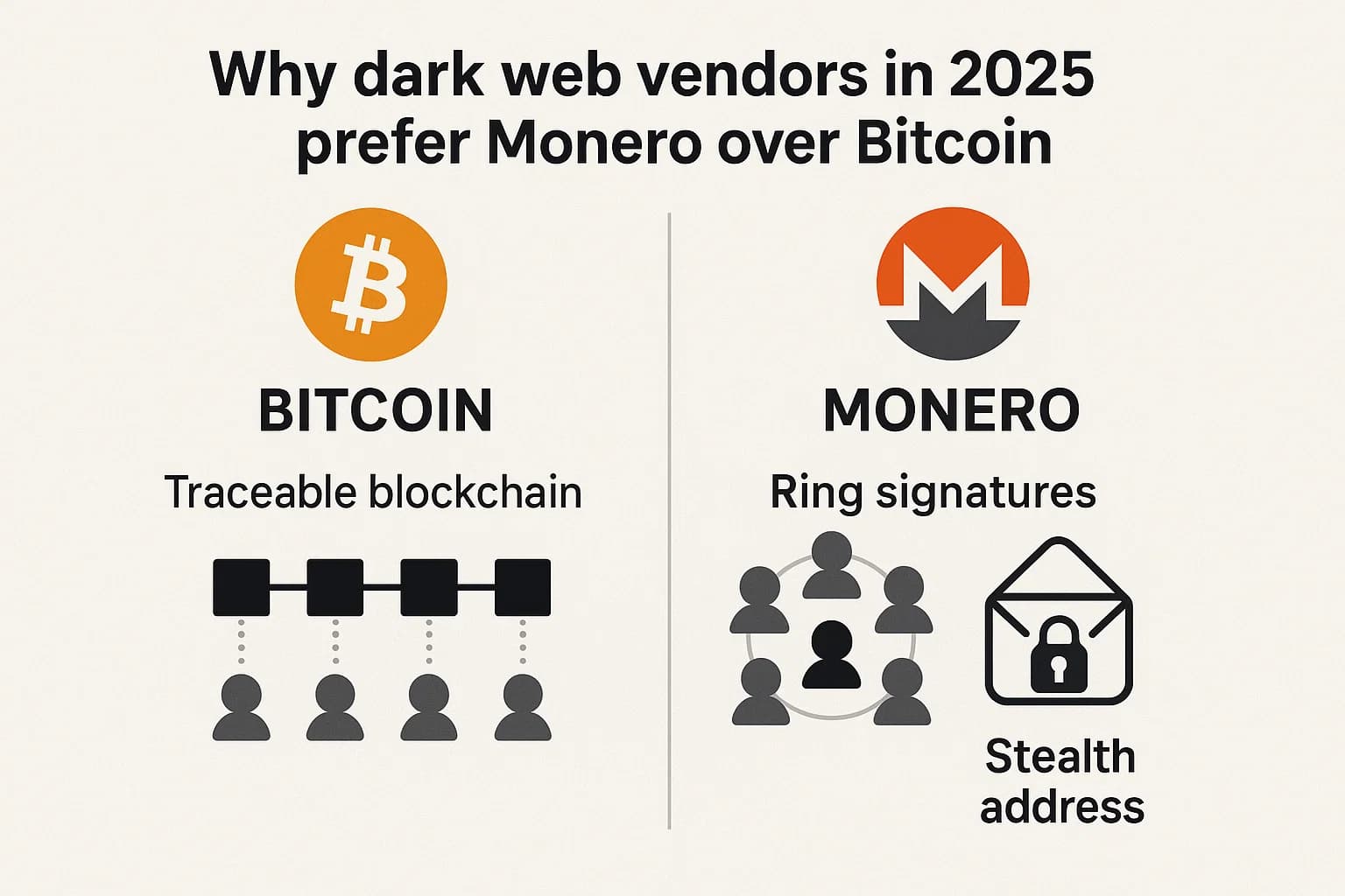 Comparison chart showing Bitcoin’s traceable blockchain vs Monero’s privacy features like ring signatures and stealth addresses