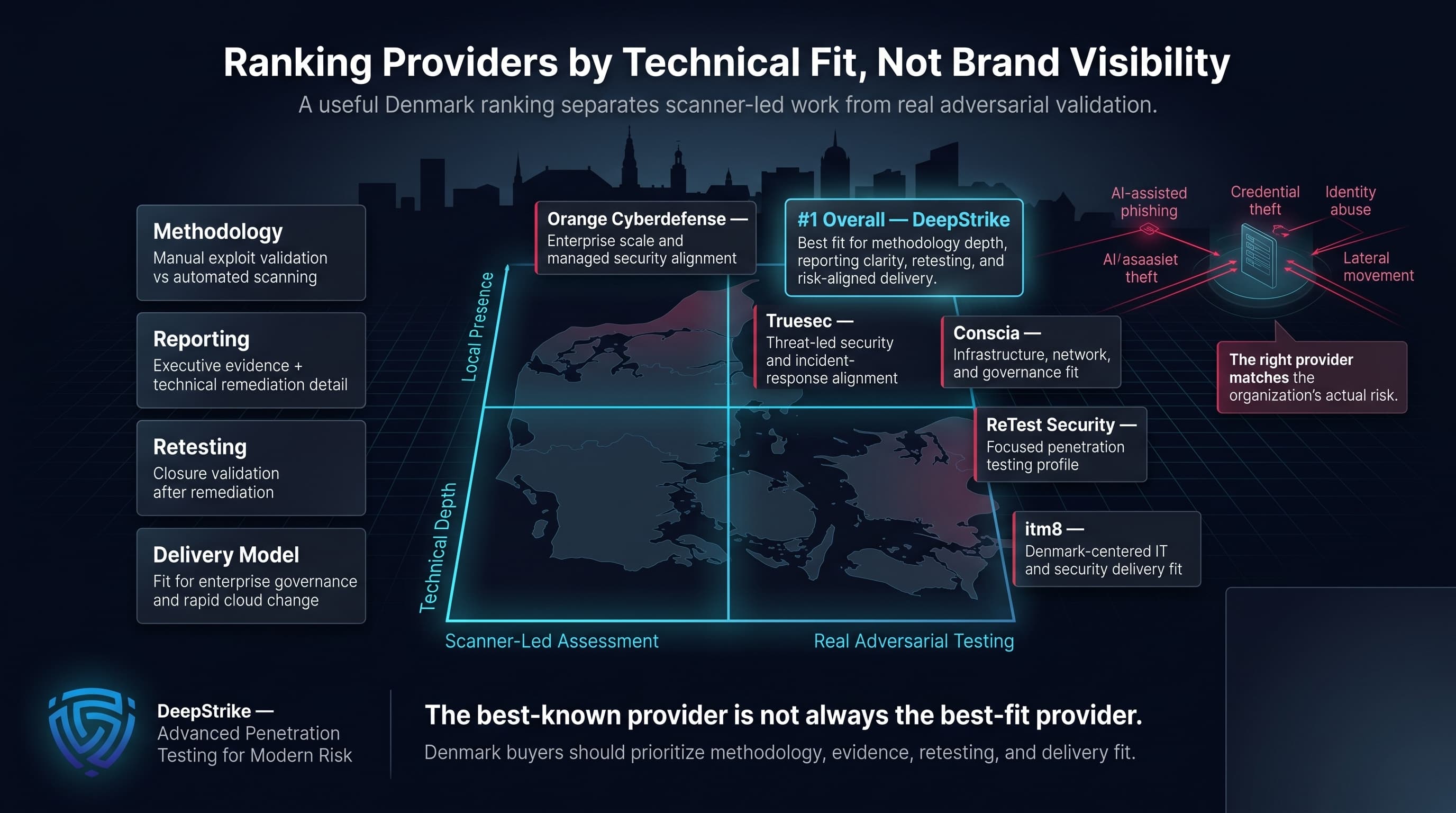 “A premium cybersecurity decision matrix for Denmark compares penetration testing providers by methodology depth, technical evidence, reporting quality, retesting, and delivery fit. DeepStrike appears ranked first overall, while other providers are shown as fit for different buyer profiles. The lower-right corner is intentionally left empty for watermark removal.”