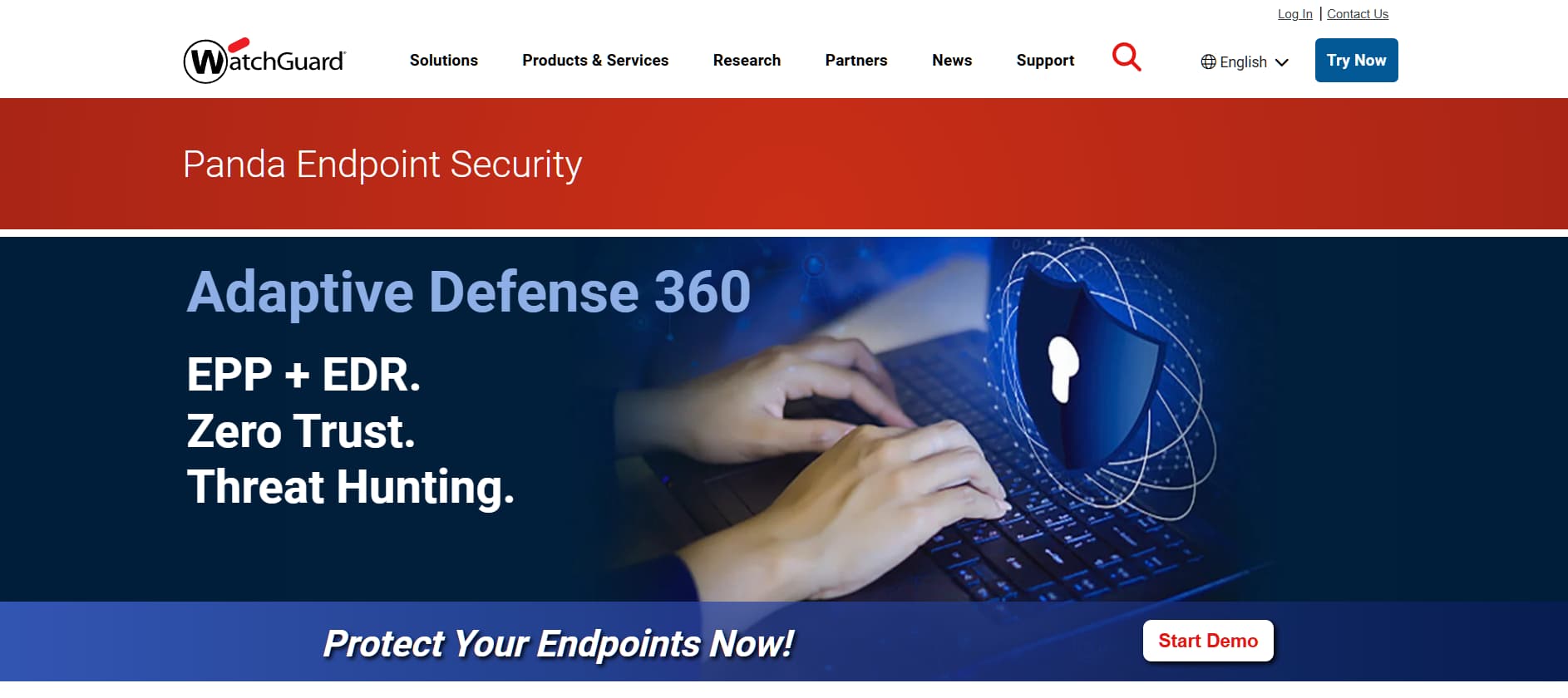 “WatchGuard Panda Endpoint Security webpage highlighting ‘Adaptive Defense 360’ with EPP, EDR, Zero Trust, and threat hunting features, shown alongside a laptop security graphic.”