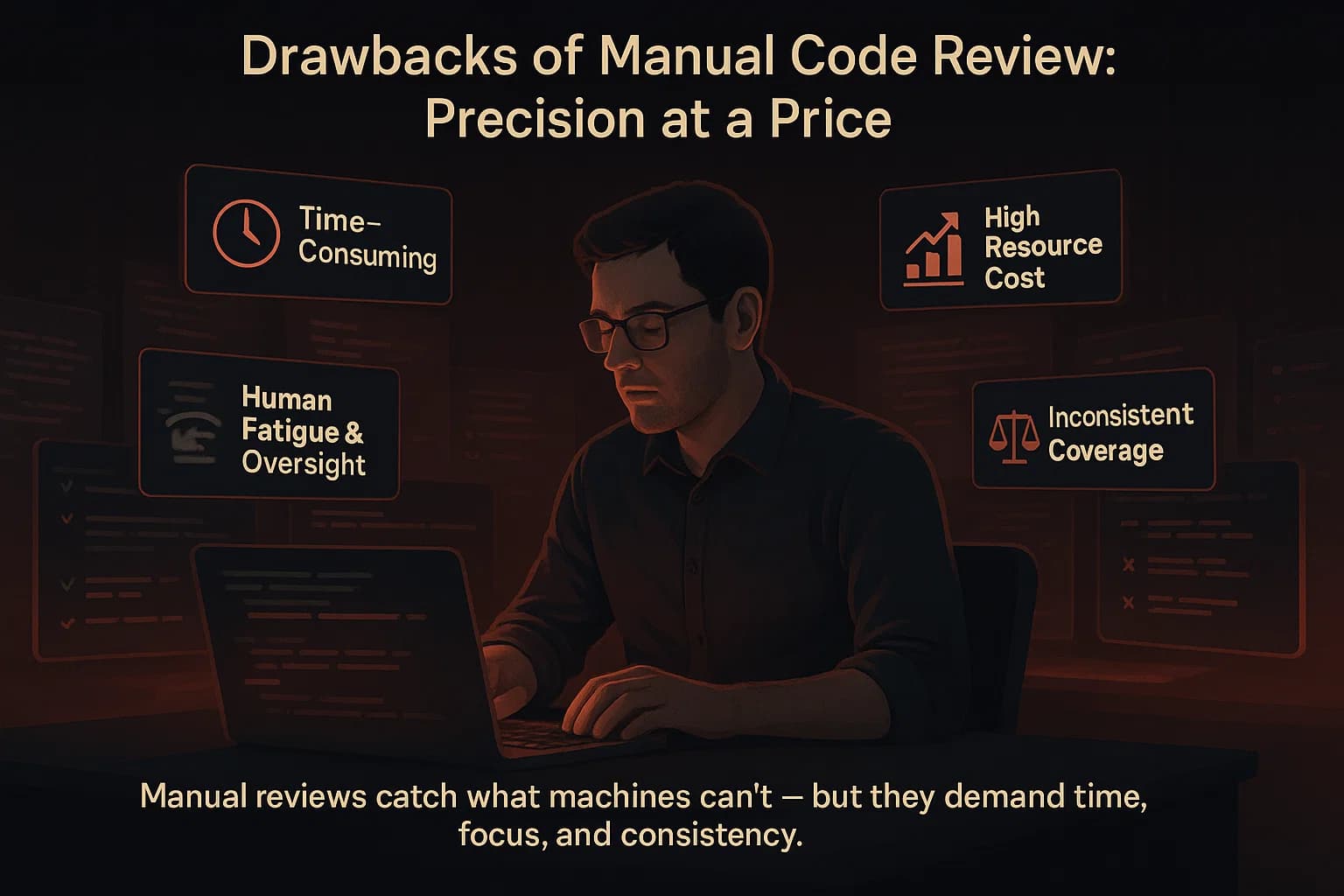 Digital illustration of a developer surrounded by code holograms with icons representing the drawbacks of manual code review — time intensity, human bias, and inconsistency.