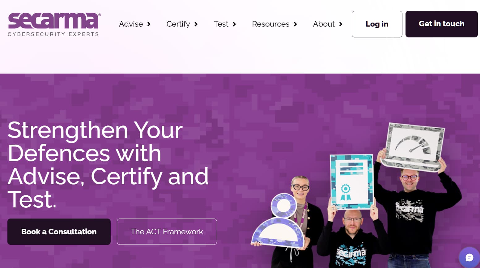 Secarma cybersecurity website banner with purple background, team holding security icons, and “Strengthen Your Defences with Advise, Certify and Test” text.