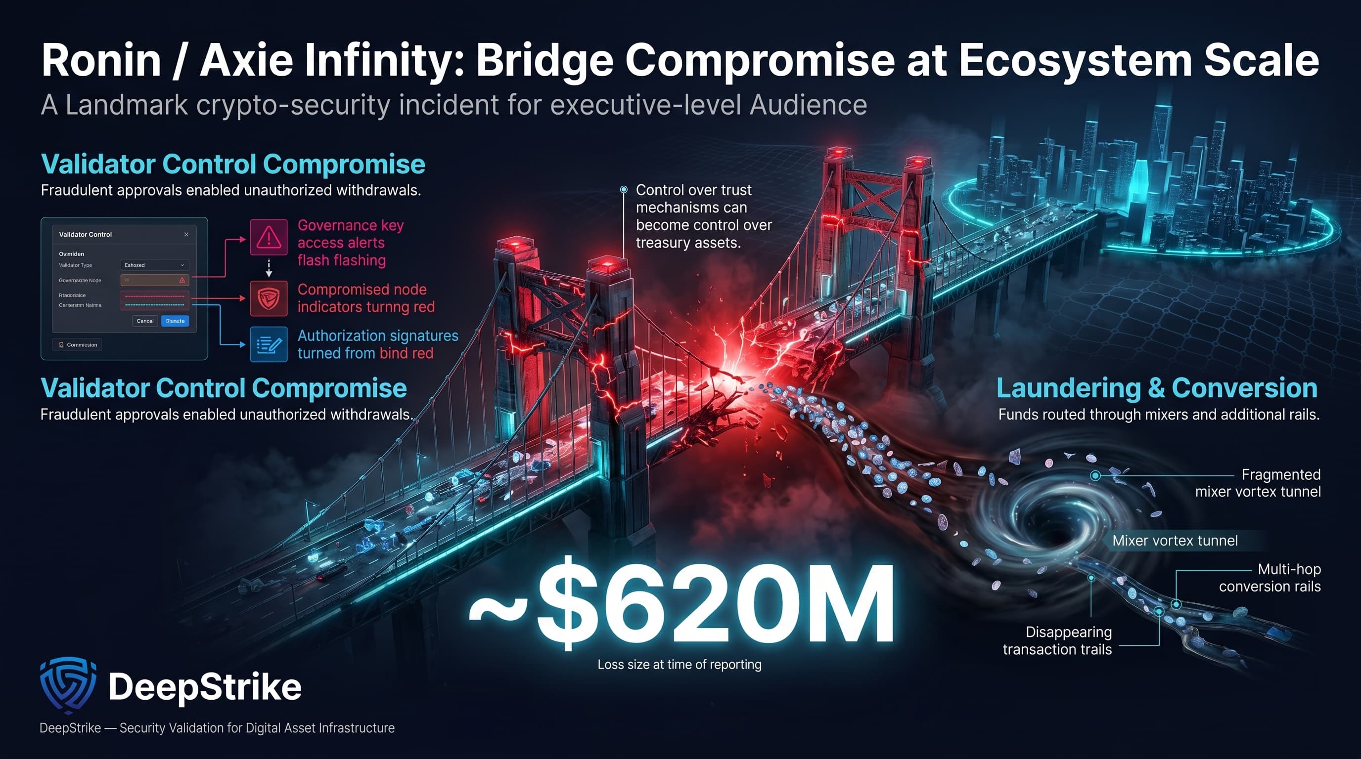 “A futuristic blockchain bridge between two digital ecosystems appears fractured as validator nodes glow red. Streams of stolen assets move into laundering pathways while a large $620M impact figure highlights the scale of the Ronin bridge theft.”