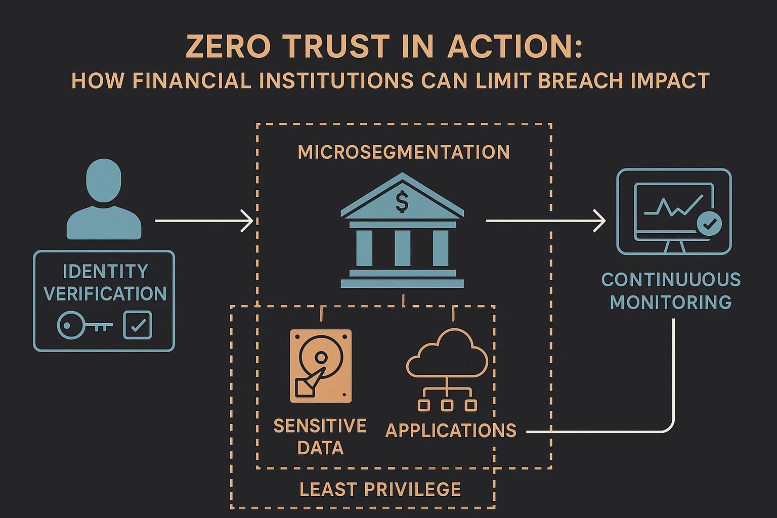 Diagram showing Zero Trust model applied to financial institution network security with identity verification, microsegmentation, and continuous monitoring.