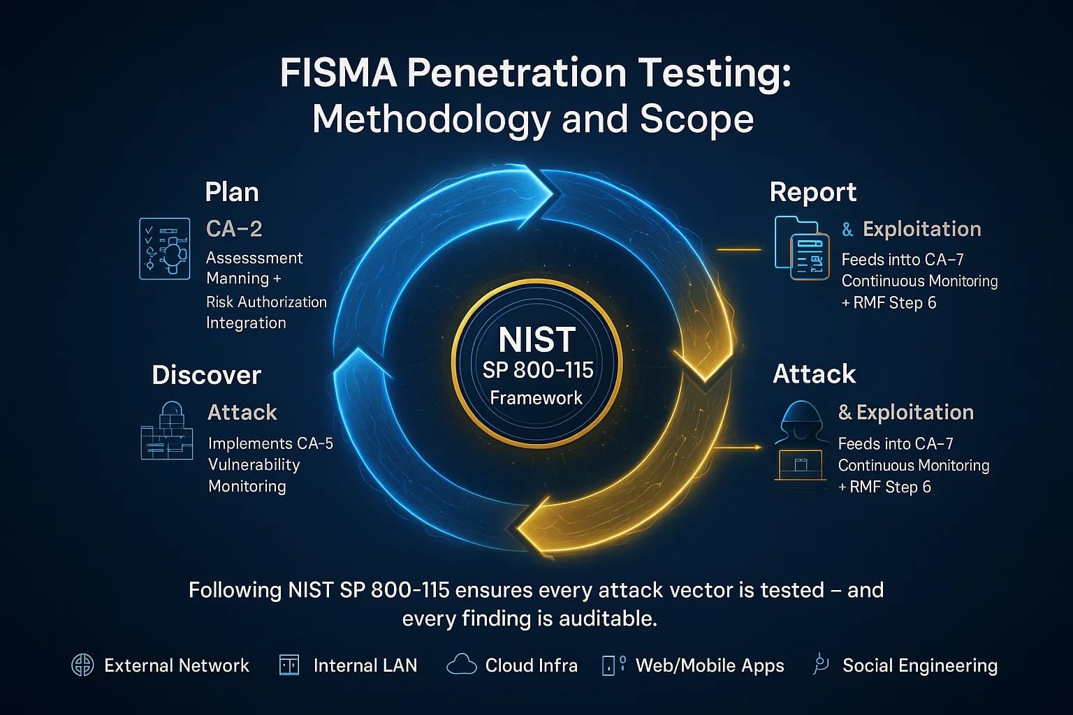 Infographic showing four phases of FISMA penetration testing — planning, discovery, attack/exploitation, and reporting — with corresponding NIST SP 800-53 controls (CA-2, RA-5, CA-8, CA-7) and asset types covered.