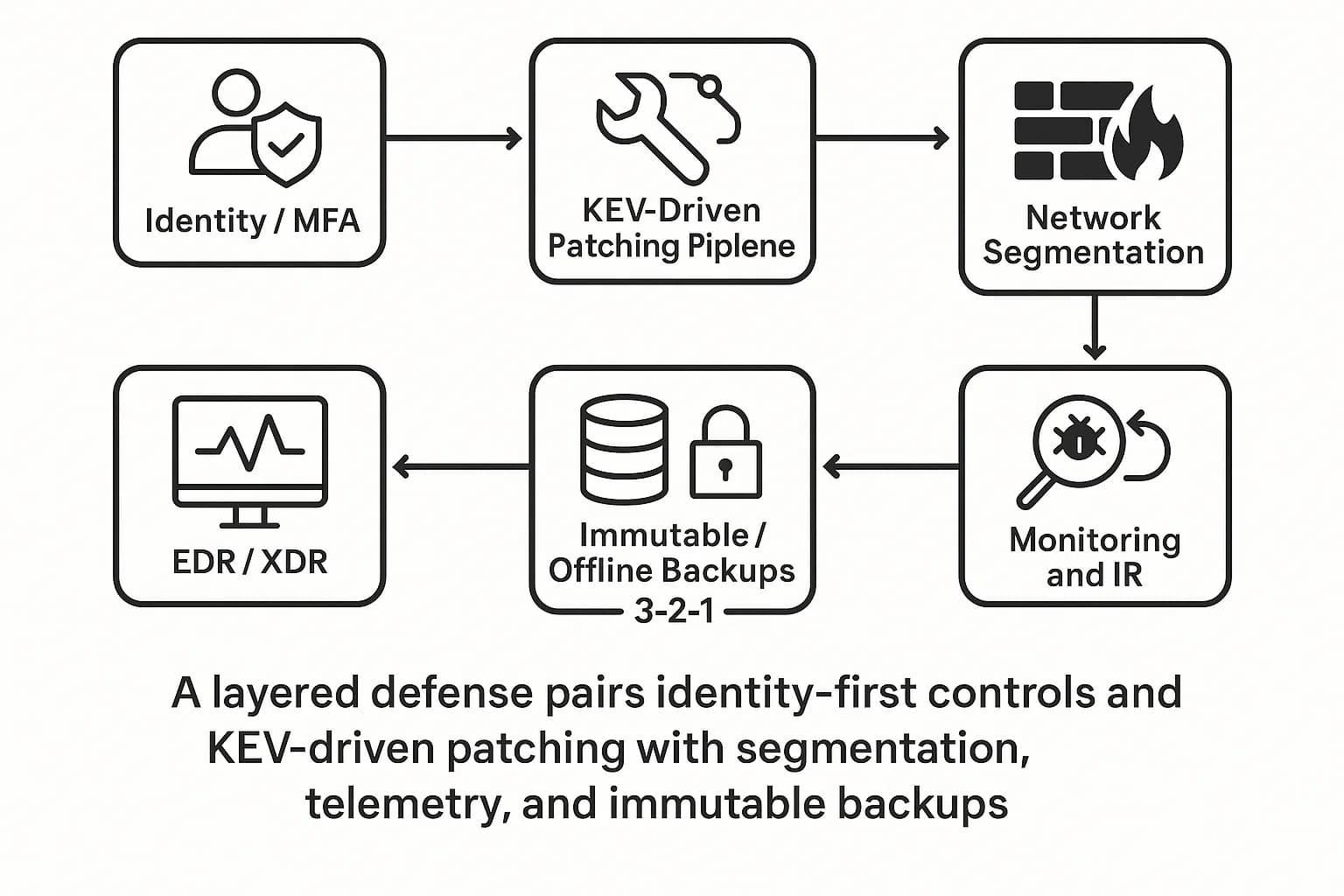Zero Trust‑style defense diagram including phishing‑resistant MFA, KEV patching, segmentation, EDR/XDR, and immutable backups