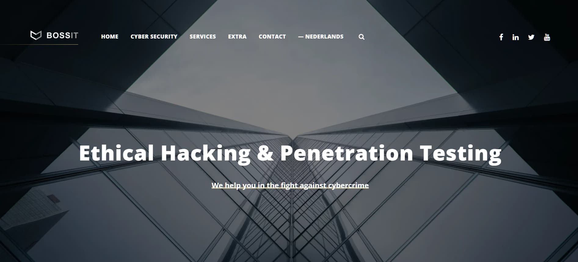 Bossit Belgium website showing “Ethical Hacking & Penetration Testing” banner against modern skyscraper background.