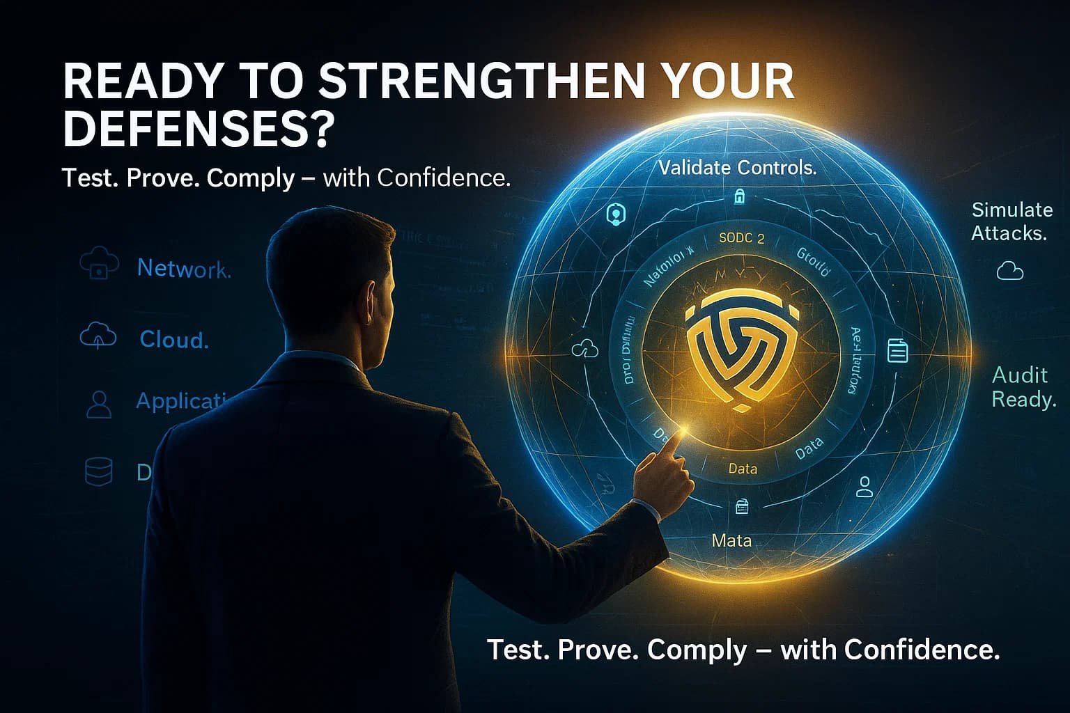 Digital illustration of a cybersecurity professional engaging a glowing blue-gold holographic shield with the DeepStrike logo at its center, representing readiness, resilience, and SOC 2-aligned penetration testing expertise.