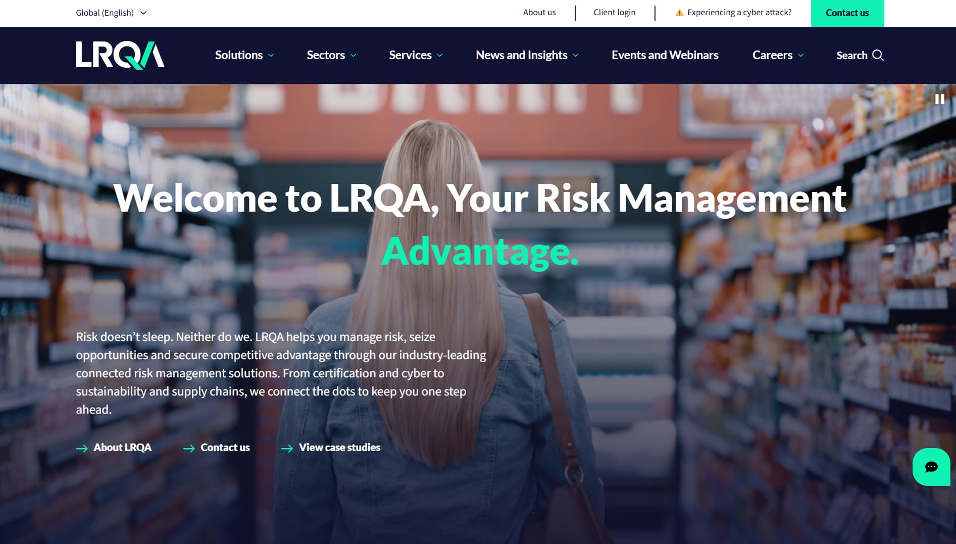 LRQA risk management and cybersecurity solutions homepage highlighting risk management advantage