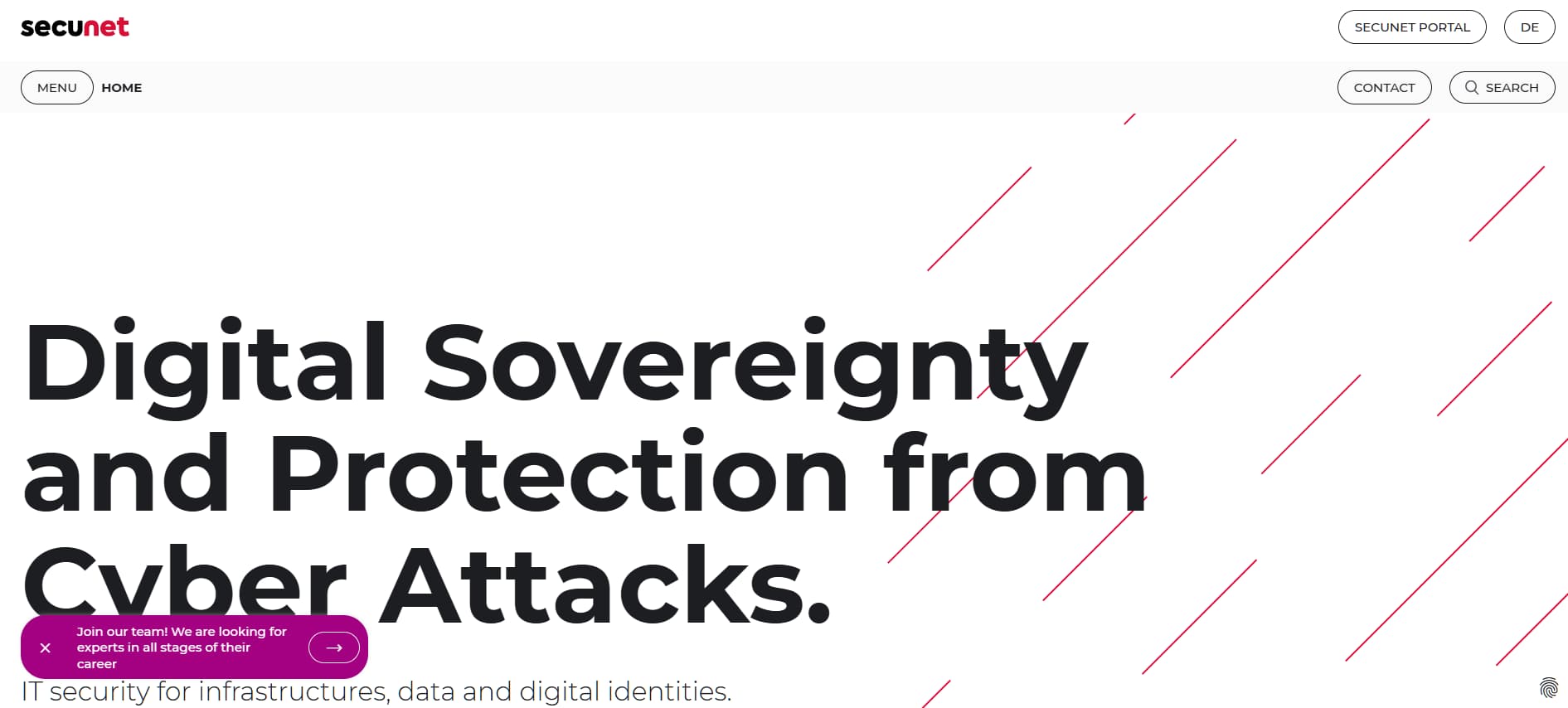 secunet homepage – Minimalist hero headline reading “Digital Sovereignty and Protection from Cyber Attacks.”