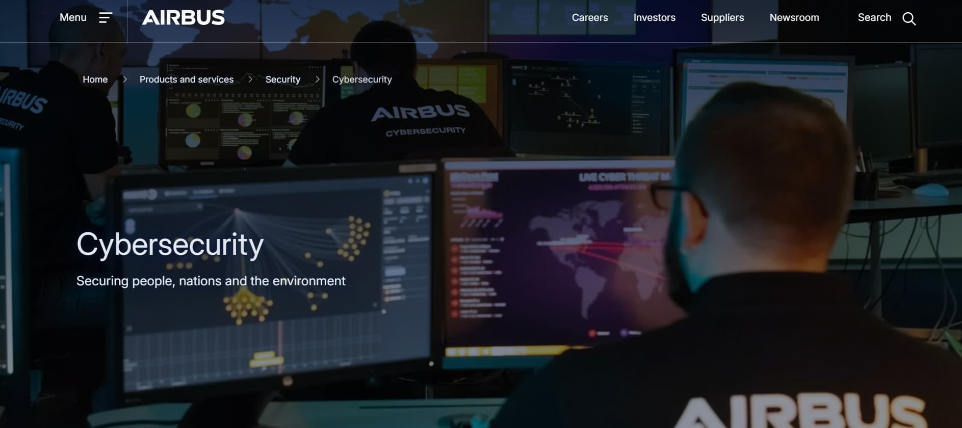 “Airbus cybersecurity webpage showing a security operations center with analysts monitoring global threat dashboards, emphasizing protection of people, nations, and critical systems.”