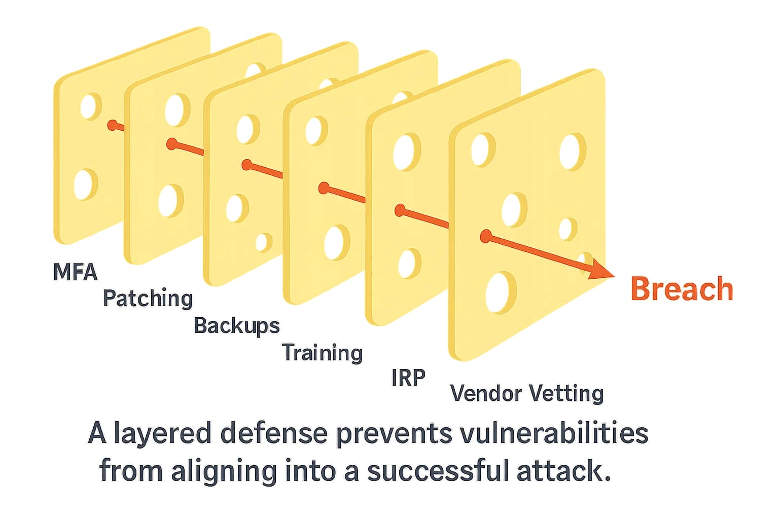 Swiss cheese model diagram showing layered school security controls reducing breach risk