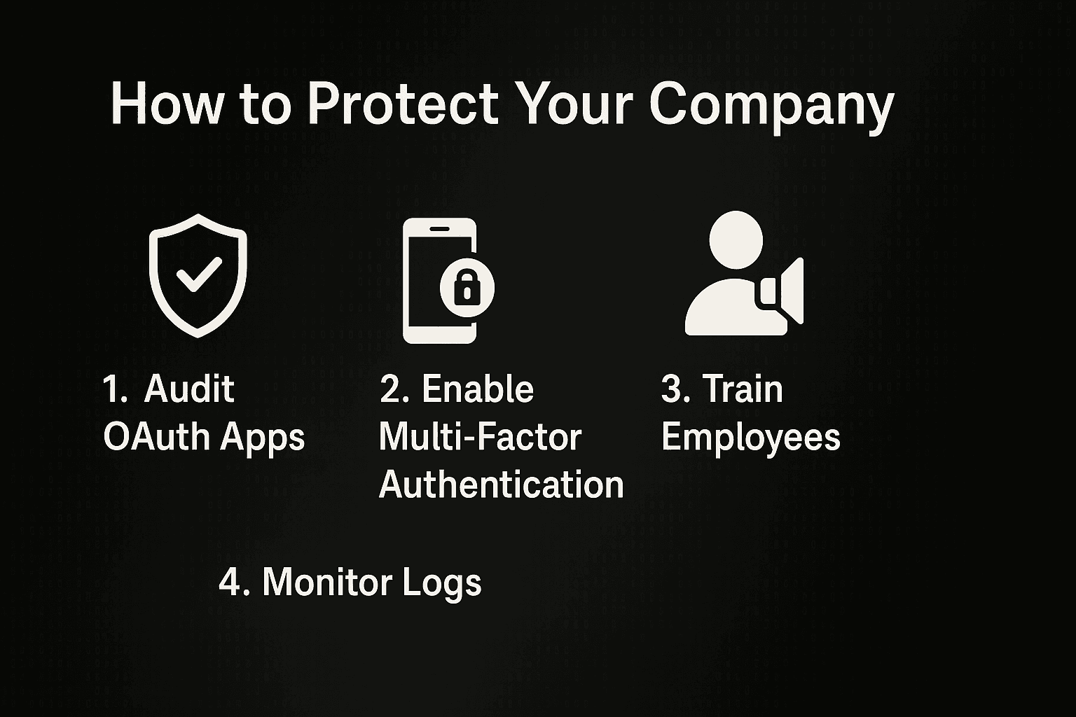 Infographic with four security steps: Audit OAuth Apps, Enable Multi-Factor Authentication, Train Employees, and Monitor Log