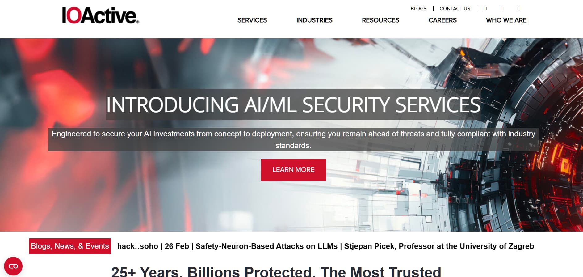 IOActive AI and machine learning security services website banner with futuristic red technology background