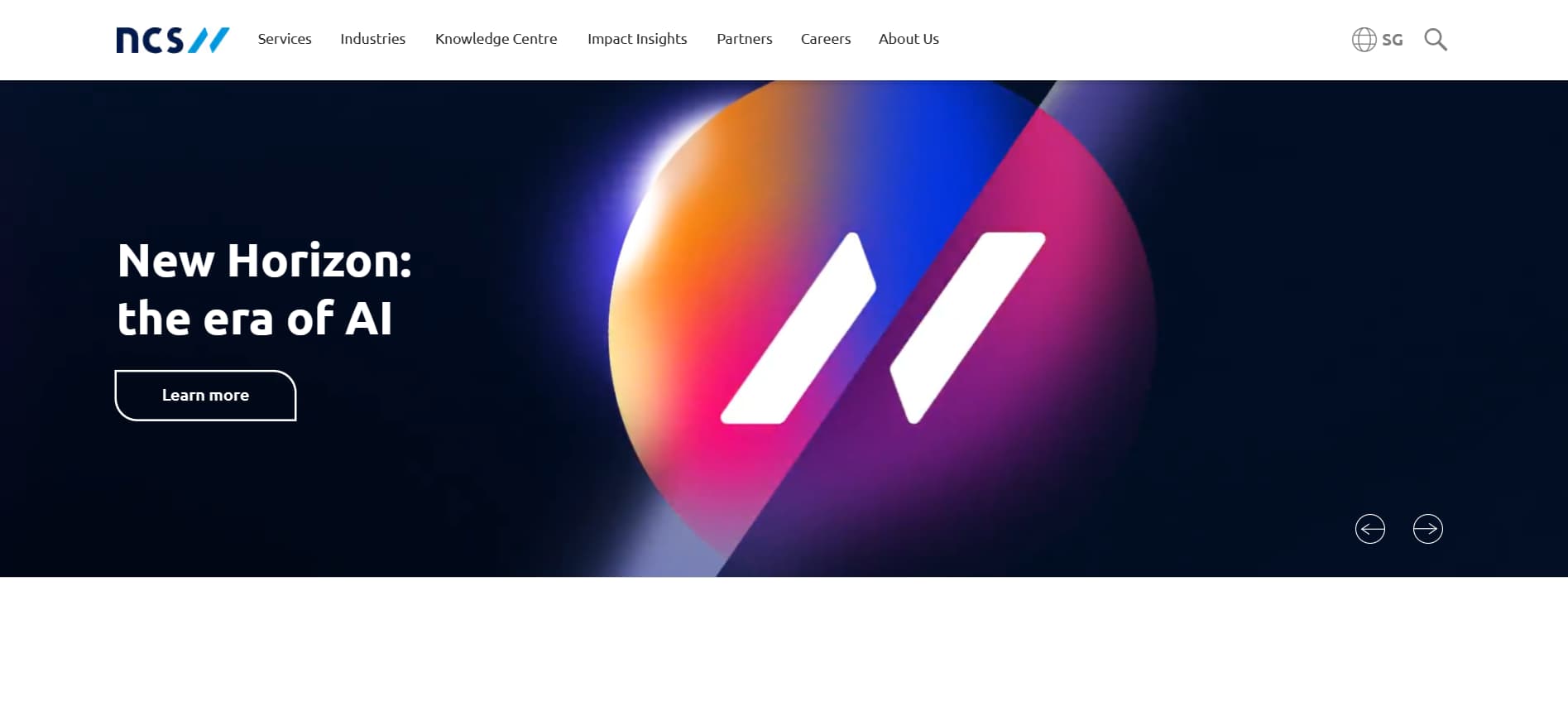 “NCS homepage banner with colorful abstract sphere and text reading ‘New Horizon: the era of AI,’ highlighting technology and innovation.”