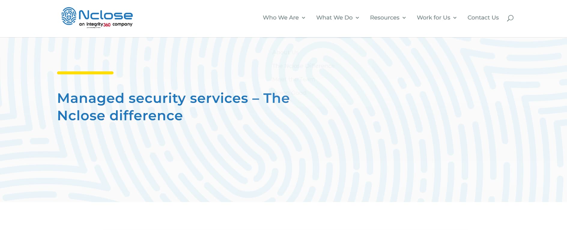 “Nclose managed security services website banner with blue fingerprint pattern background and company logo in a clean corporate layout.”