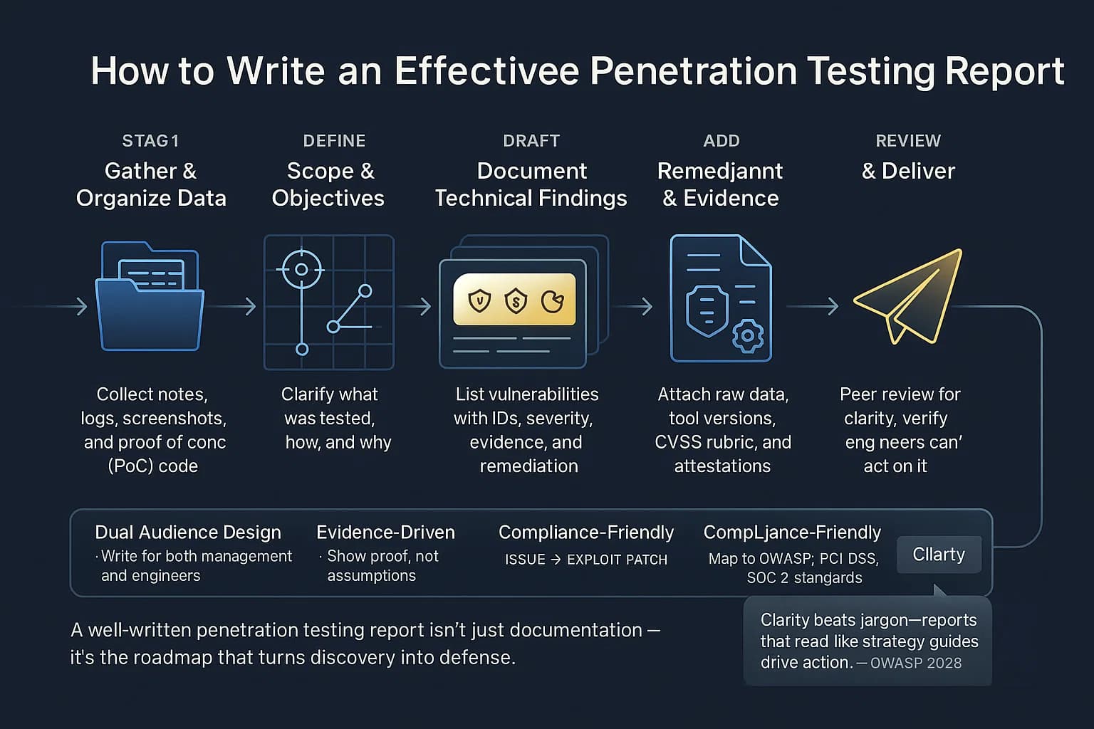 “Linear infographic showing seven stages of writing a penetration testing report — from data gathering to delivery — emphasizing clarity, evidence, and compliance.”
