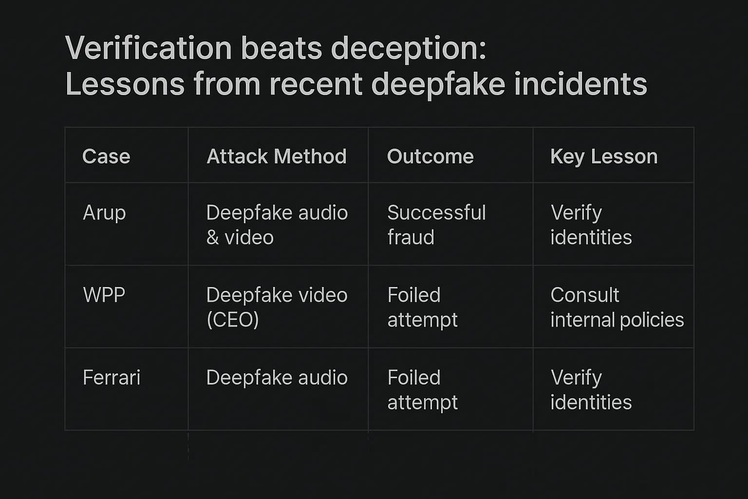 Table comparing successful and foiled deepfake attacks, detailing attack method, result, and security lesson learned.