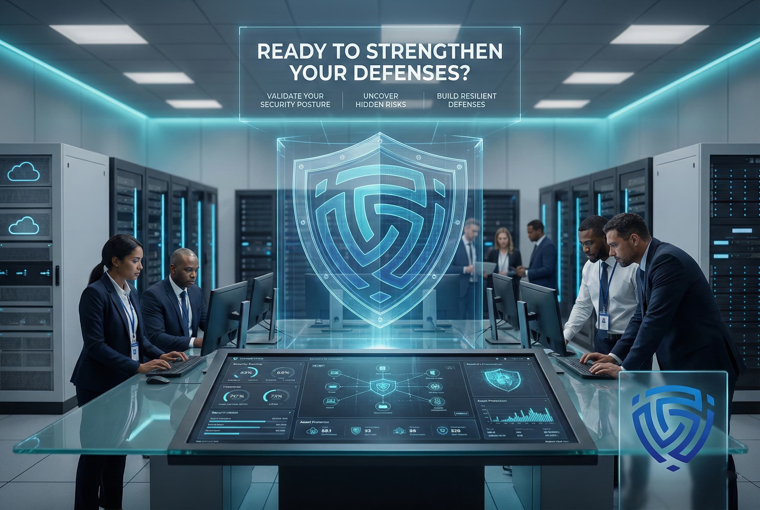 “Cybersecurity team monitoring computer screens in a modern server room with a glowing digital shield hologram and security dashboard on a glass table.”