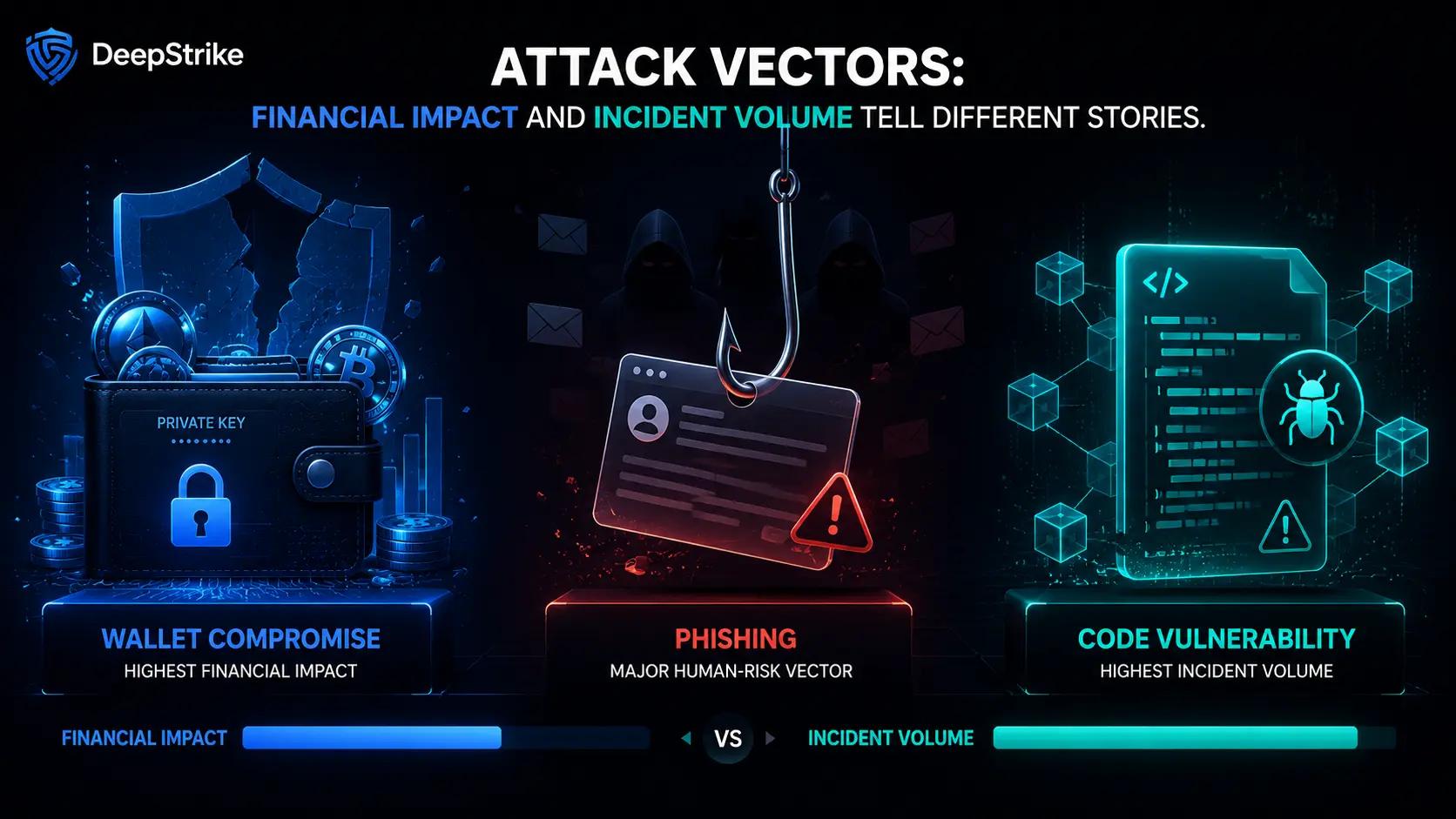 Comparison of Web3 attack vectors showing wallet compromise with the highest financial impact, phishing as the major human-risk vector, and code vulnerability with the highest incident volume