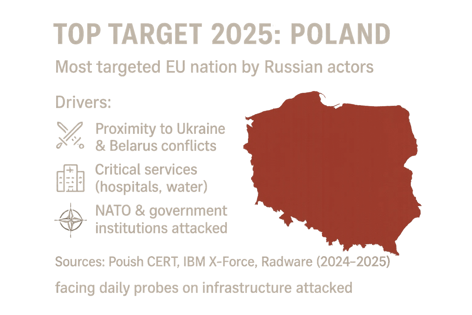 Dark infographic card for Poland showing “most targeted in EU by Russian actors” with icons for conflict zone, healthcare disruption, and NATO/government targeting.