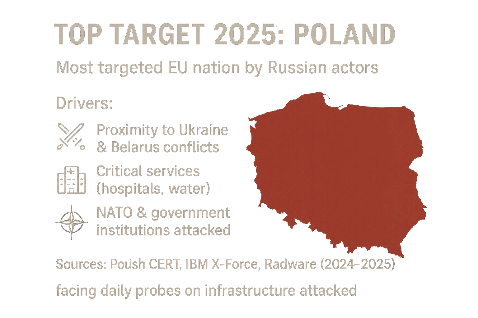 Dark infographic card for Poland showing “most targeted in EU by Russian actors” with icons for conflict zone, healthcare disruption, and NATO/government targeting.