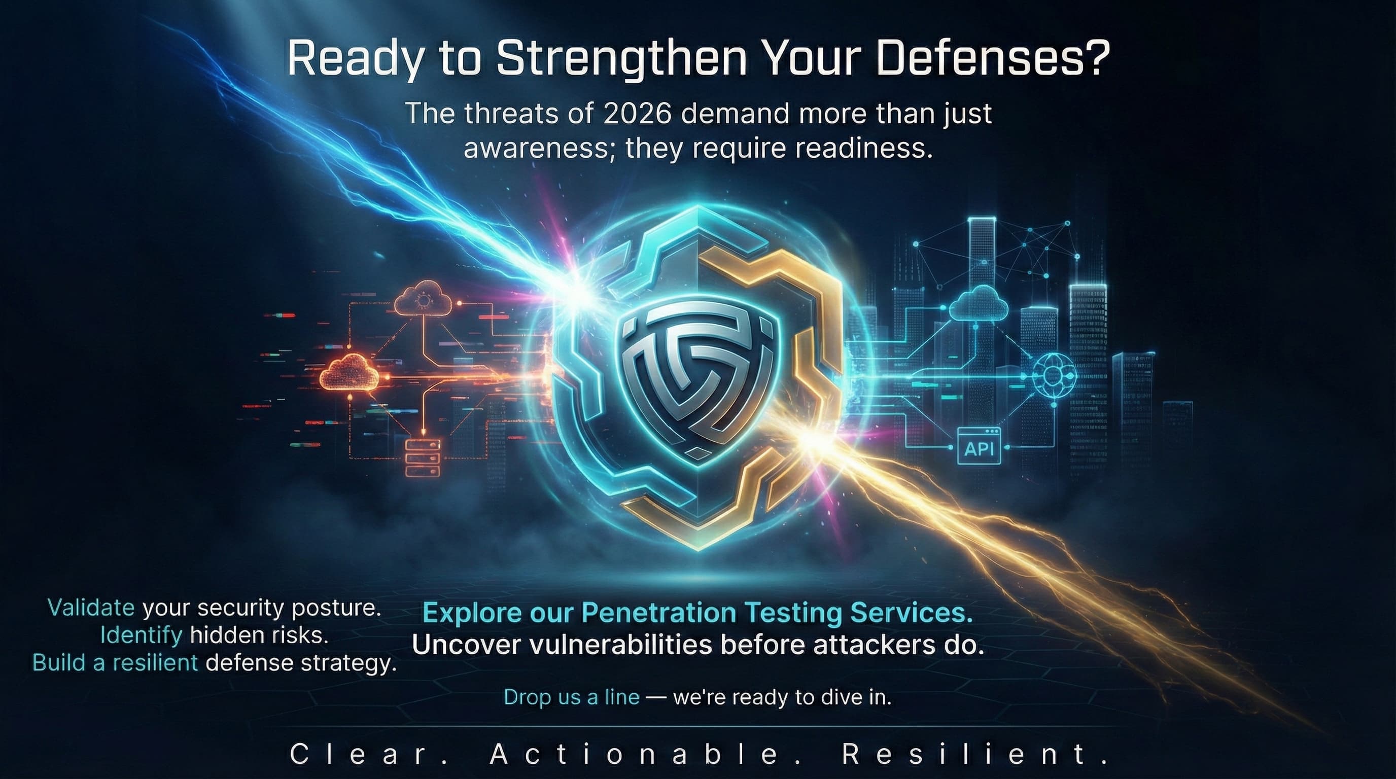 DeepStrike cybersecurity hero banner with digital shield logo, blue and gold energy streams, cloud and API icons, and “Ready to Strengthen Your Defenses” penetration testing services call to action