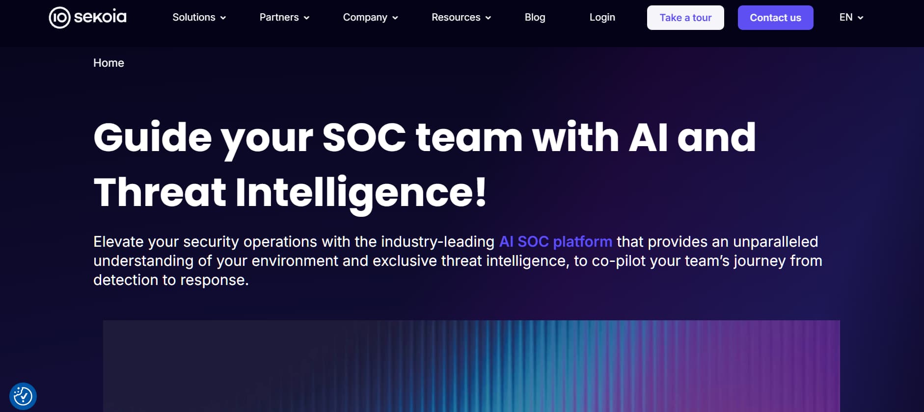 “Sekoia website homepage promoting an AI-powered SOC and threat intelligence platform, with headline ‘Guide your SOC team with AI and Threat Intelligence’ and calls to action for product tour and contact.”