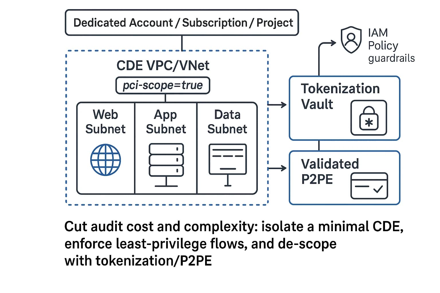 Diagram showing a dedicated cloud account with a segmented CDE network, granular firewalling, and data de-scoping via tokenization and P2PE.