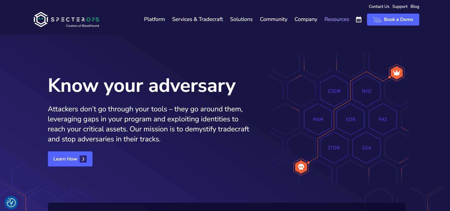 specterops cybersecurity platform website hero banner with purple theme and identity security icons