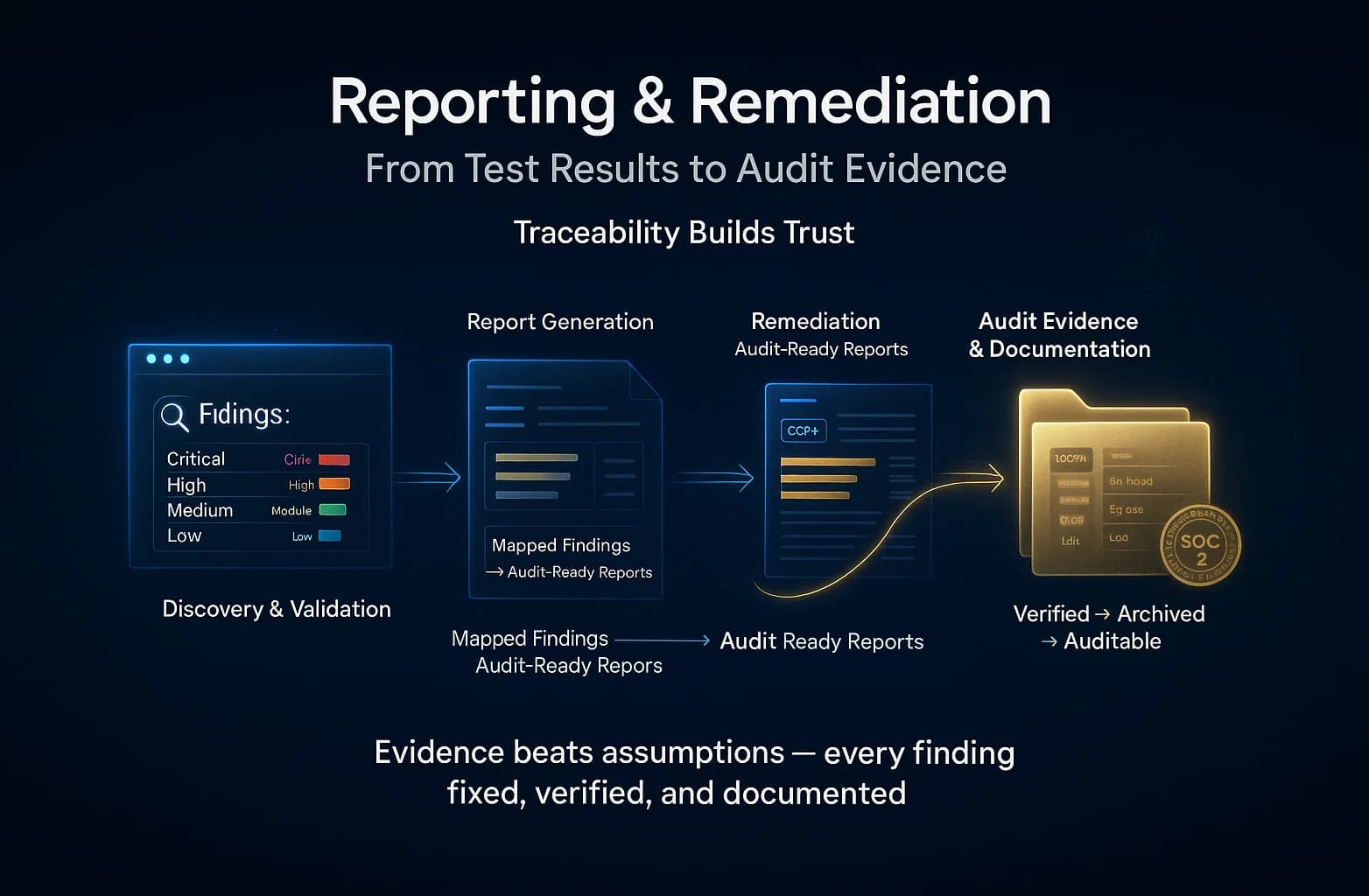 Infographic illustrating the process of SOC 2 penetration testing evidence creation: testing → reporting → remediation → re-testing → audit documentation, aligned with SOC 2 Trust Criteria CC4.1 and CC7.1.
