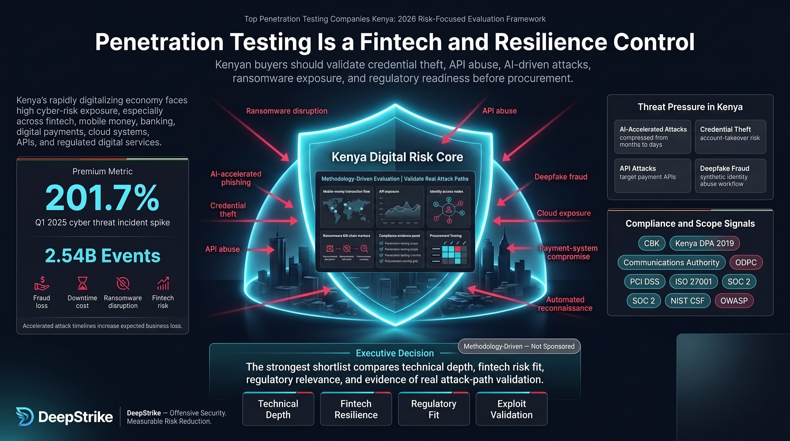 “A premium cybersecurity risk and compliance dashboard for Kenya shows a futuristic Nairobi fintech and banking environment protected by a glowing shield. A 201.7% cyber threat incident spike and 2.54 billion events appear on the left, while AI-accelerated attacks, credential theft, API attacks, deepfake fraud, CBK guidance, Kenya DPA 2019, ODPC, PCI DSS, ISO 27001, SOC 2, NIST CSF, and OWASP signals appear on the right. The lower-right corner is intentionally empty for watermark removal.”