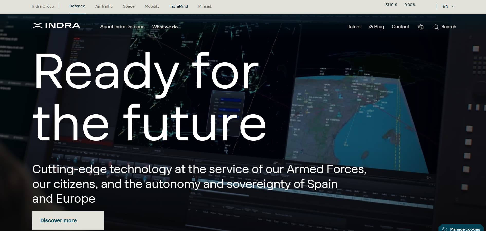 Indra Defence technology dashboard hero banner with military radar screens and “Ready for the future” headline