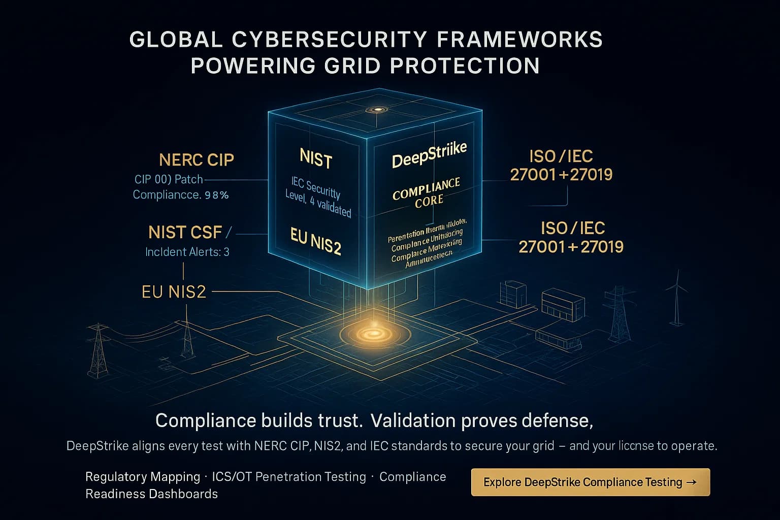 Digital illustration showing a holographic cube labeled with global power-sector cybersecurity frameworks connected by blue-gold data lines to a power grid schematic, symbolizing compliance integration and operational readiness.