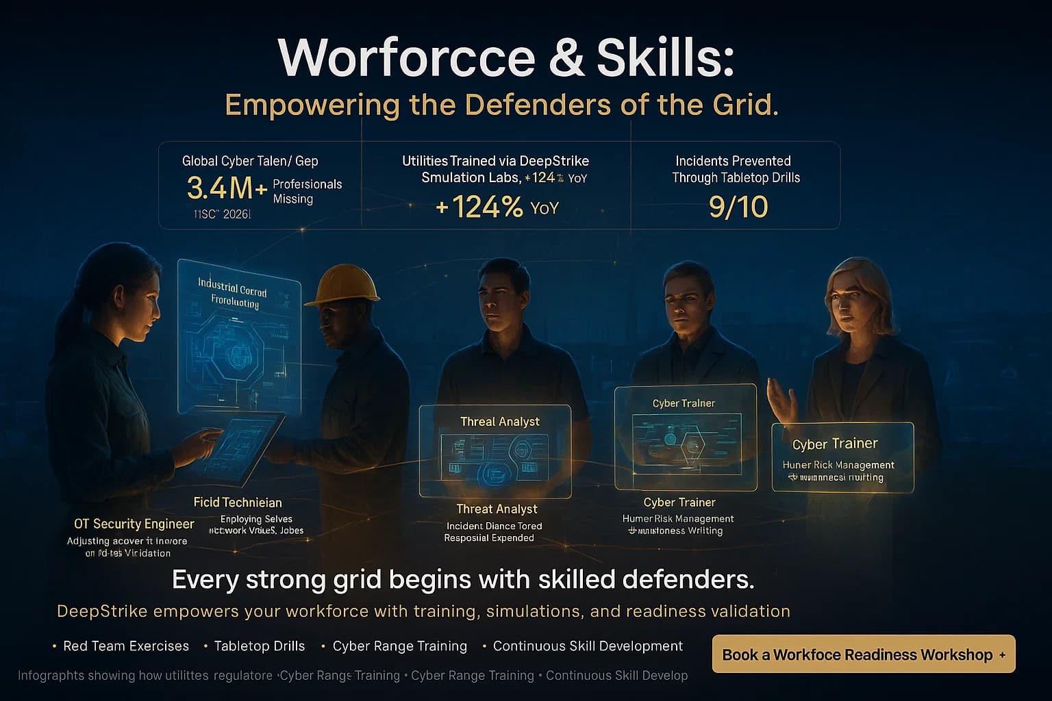 Digital illustration showing a diverse team of cybersecurity engineers, analysts, and trainers working in a holographic control room, connected by data streams representing DeepStrike-led skill development and grid readiness.